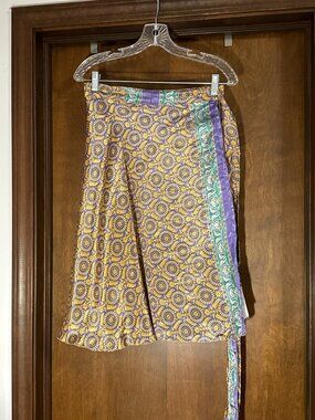 Darn Good Yarn Sari Silk Wrap Skirt Womens XL Tea  Boho Gypsy Reversible
